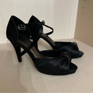 Black Satin Crisscross Peep-Toe Heels with Decorative Buckle